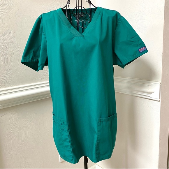 Cherokee Workwear 3 Pocket Rib Knit V Neck Scrub Top Hunter Green - Picture 10 of 12